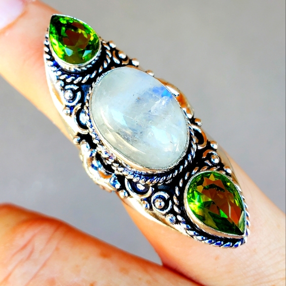 New Rainbow Moonstone & Peridot 925 Silver Statement Ring. - Picture 2 of 13